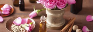 spa and aromatherapy set with rose flowers mortar and spices